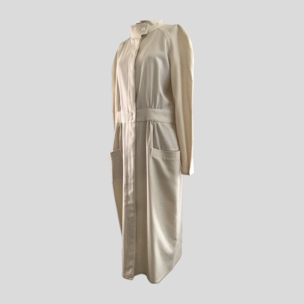 Vintage 80s Butter Cream Long Sleeve Twill Flannel Midi Shirt Dress Womens M/L